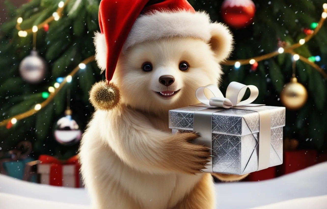 Photo wallpaper balls, gift, new year, Christmas, bear, bear, garland, herringbone