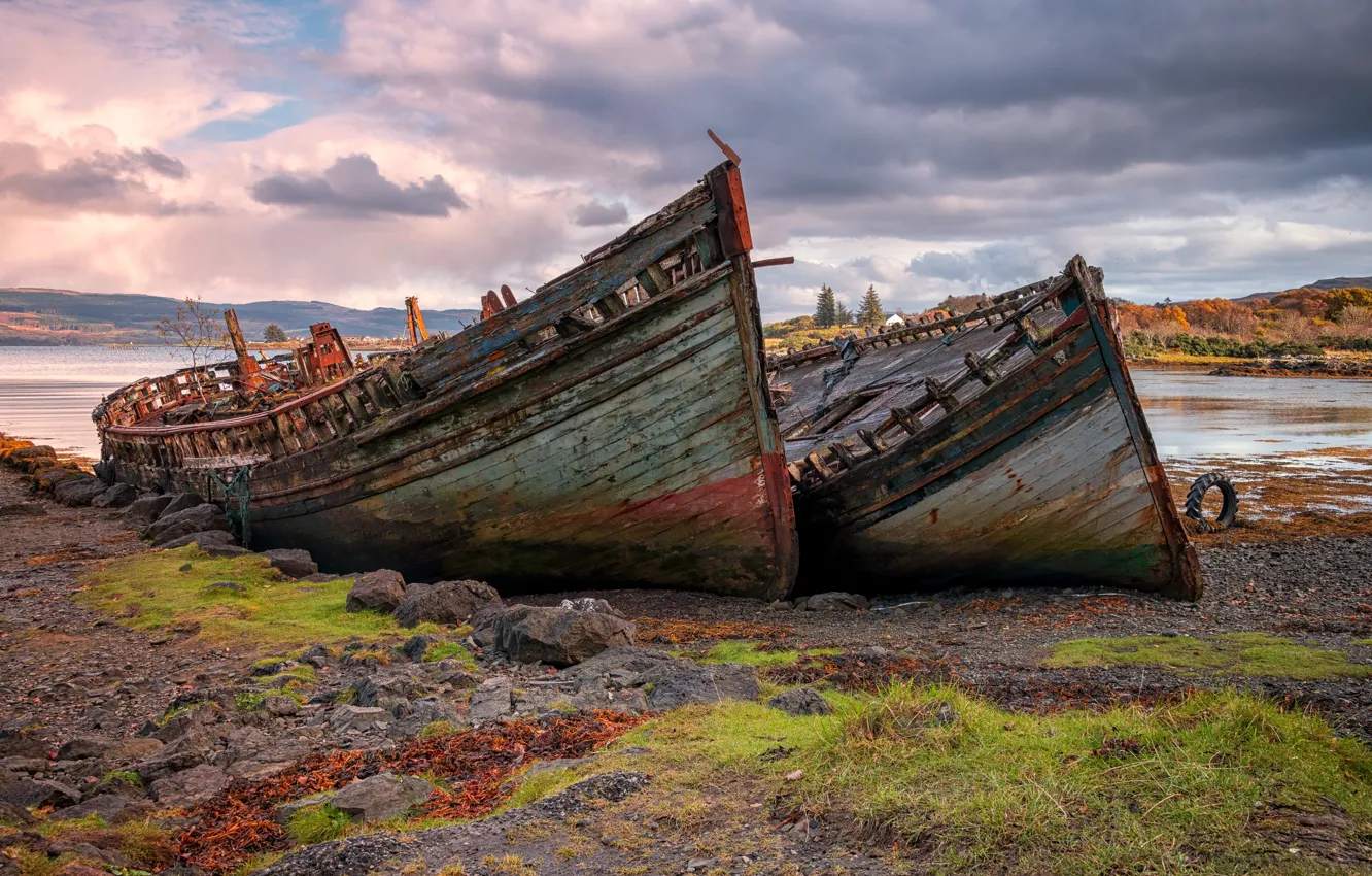 Photo wallpaper clouds, stones, shore, two, view, old, ships, boats