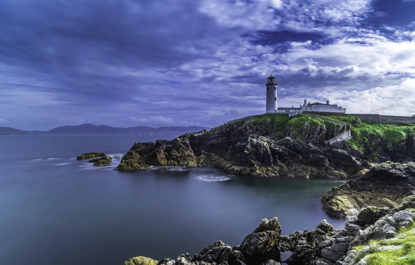 Photo wallpaper sea, clouds, landscape, rocks, lighthouse, Ireland, Donegal, Fanad Head Lighthouse