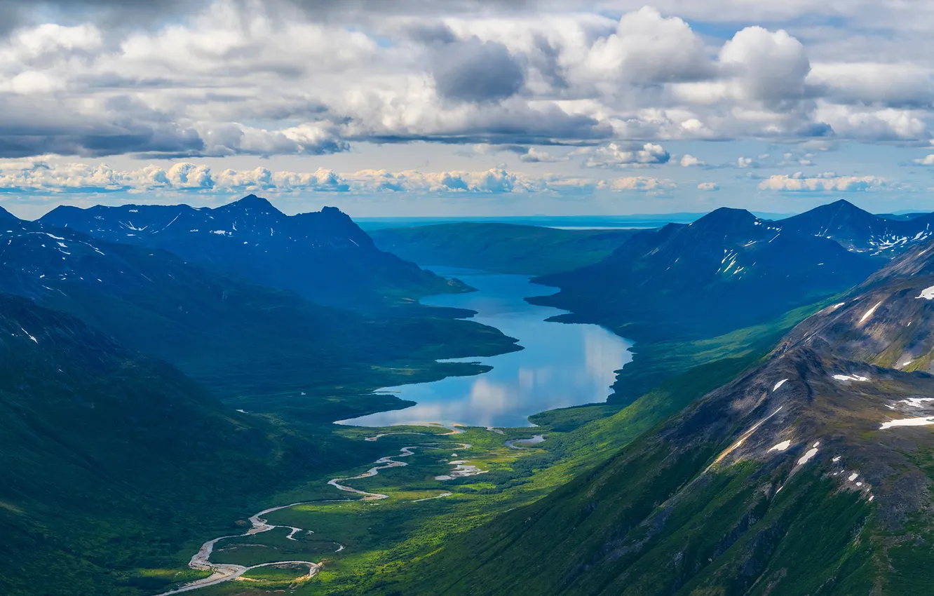 Photo wallpaper clouds, landscape, mountains, panorama, USA, parks, Katmai National Park