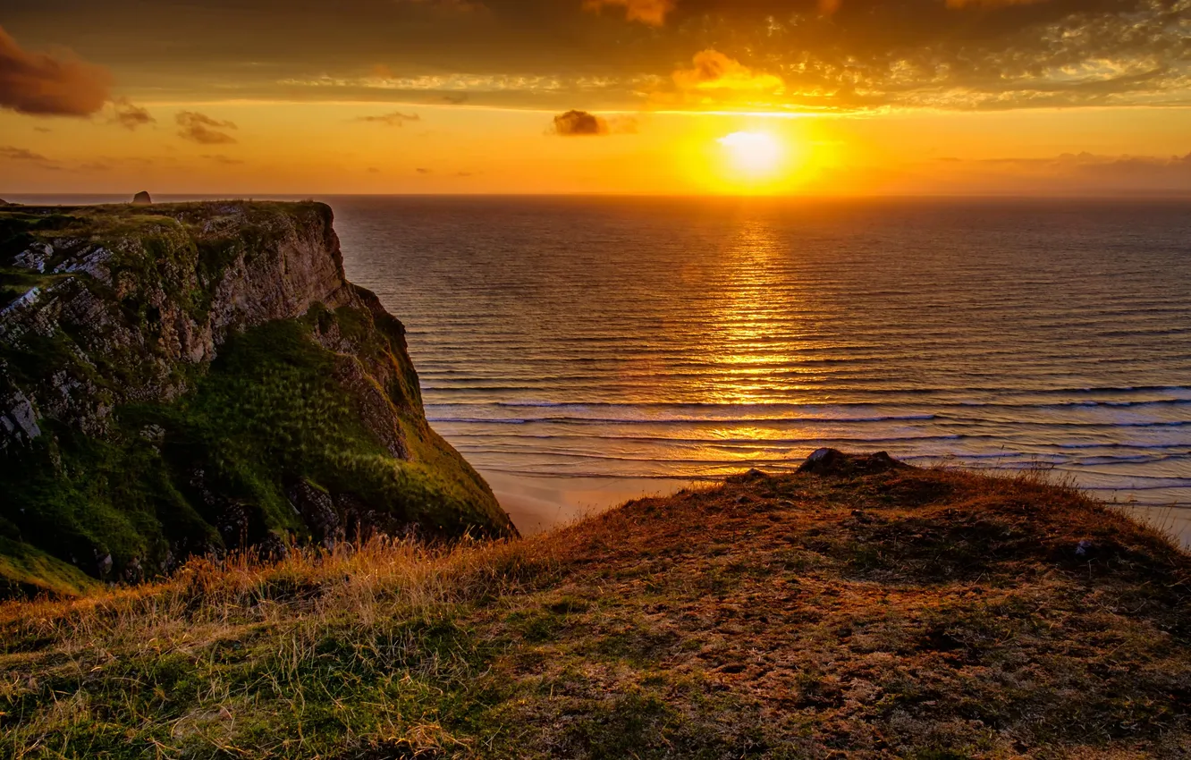 Photo wallpaper wave, the sky, grass, the sun, clouds, landscape, sunset, mountains