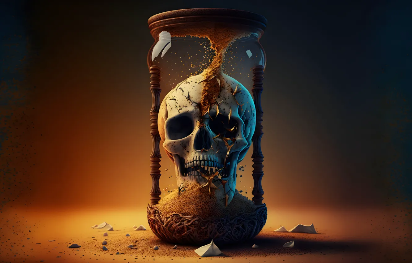 Photo wallpaper cracked, fear, skull, grin, hourglass, memento mori, orbit, human