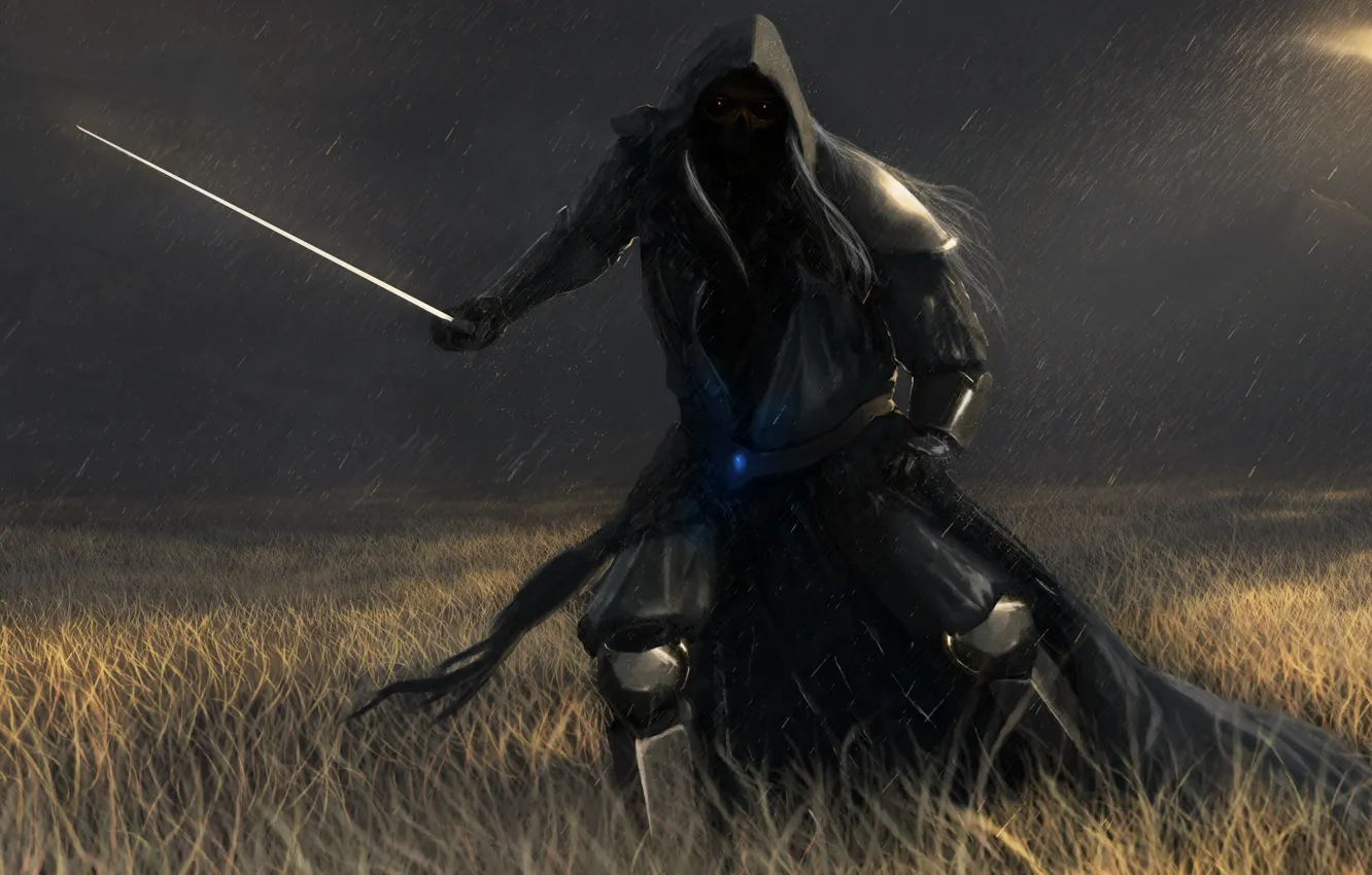 Photo wallpaper field, rain, darkness, people, skull, sword, art, hood