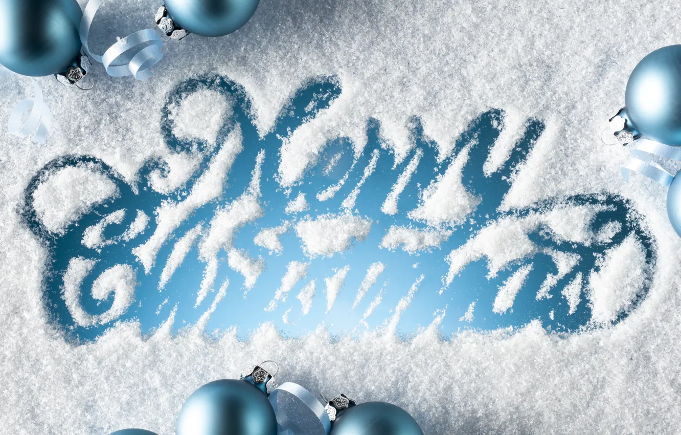 Photo wallpaper snow, holiday, the inscription, balls, Christmas, blue, congratulations, Merry Christmas