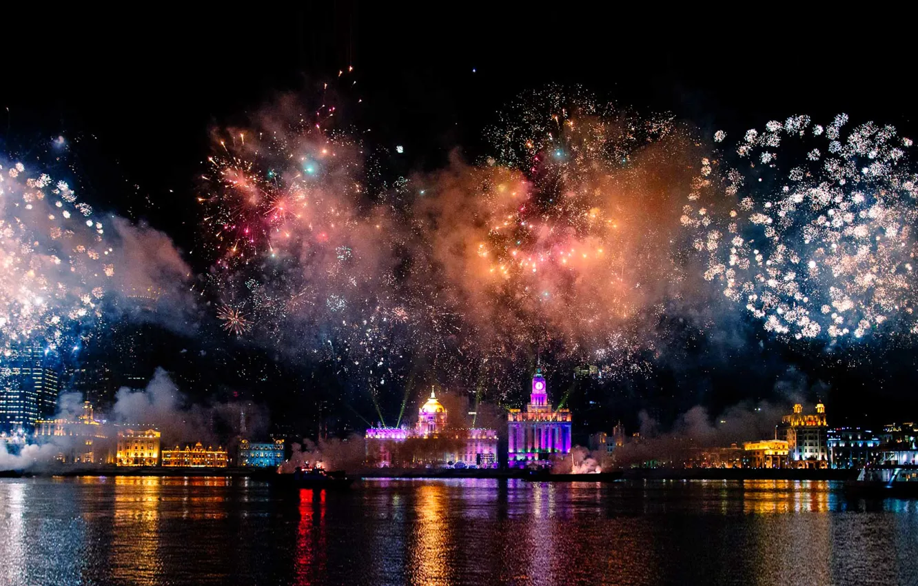 Photo wallpaper night, lights, salute, China, Shanghai, fireworks, harbour