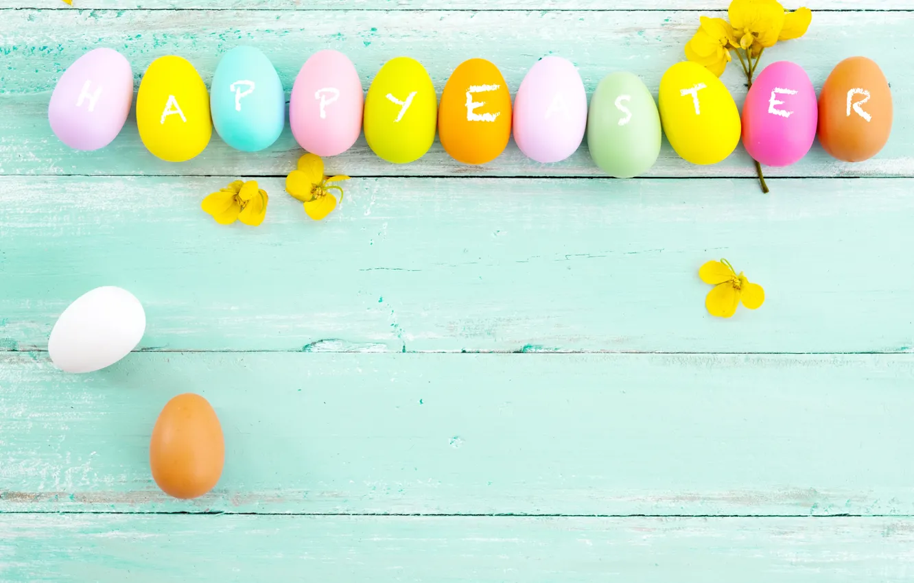 Photo wallpaper flowers, eggs, spring, colorful, Easter, wood, pink, flowers