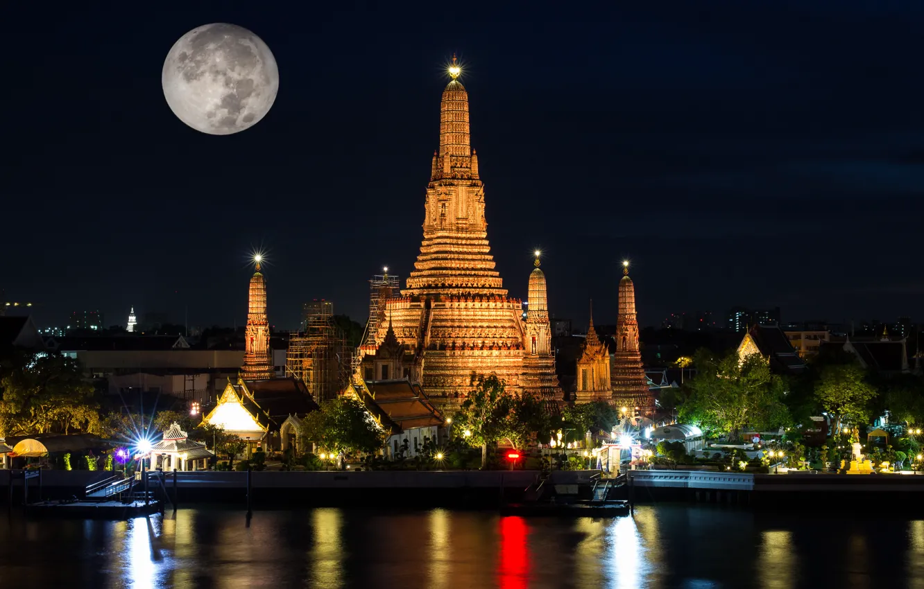 Photo wallpaper night, lights, the moon, Thailand, temple, Bangkok, Wat Arun