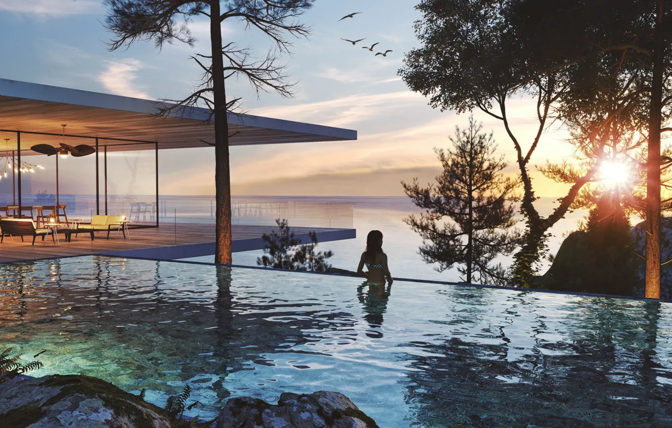 Photo wallpaper girl, sunset, pool