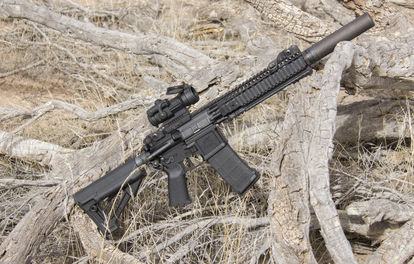 Photo wallpaper grass, branches, machine, assault rifle, AR-15, assault rifle