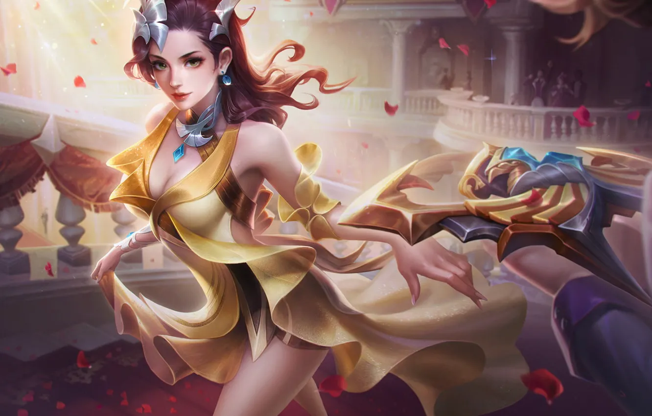 Photo wallpaper look, movement, arena, beautiful girl, rose petals, mob, online, game character