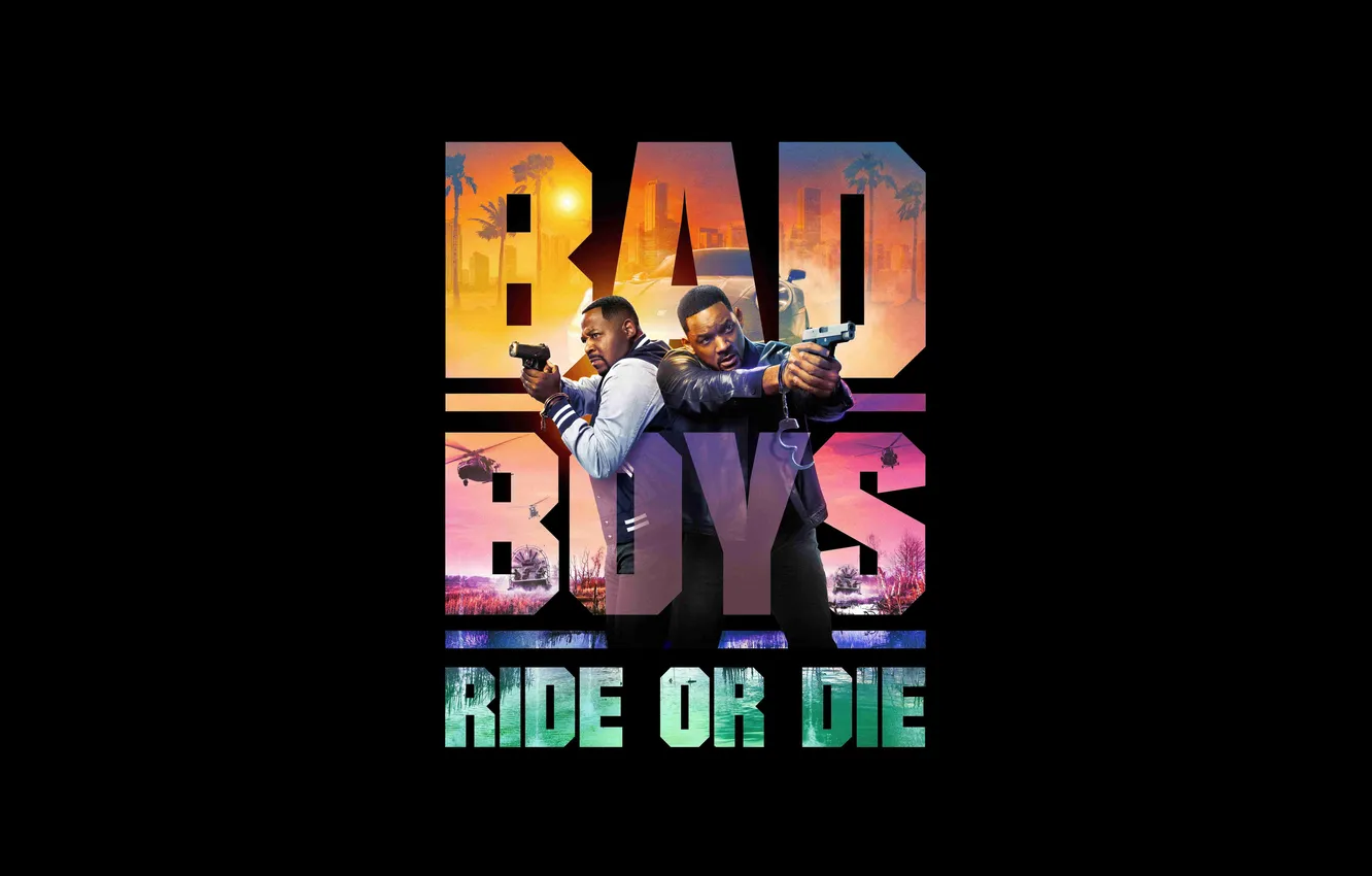 Photo wallpaper Will Smith, black background, Martin Lawrence, movies, movie poster, 2024 Movies, Bad Boys: Ride or …