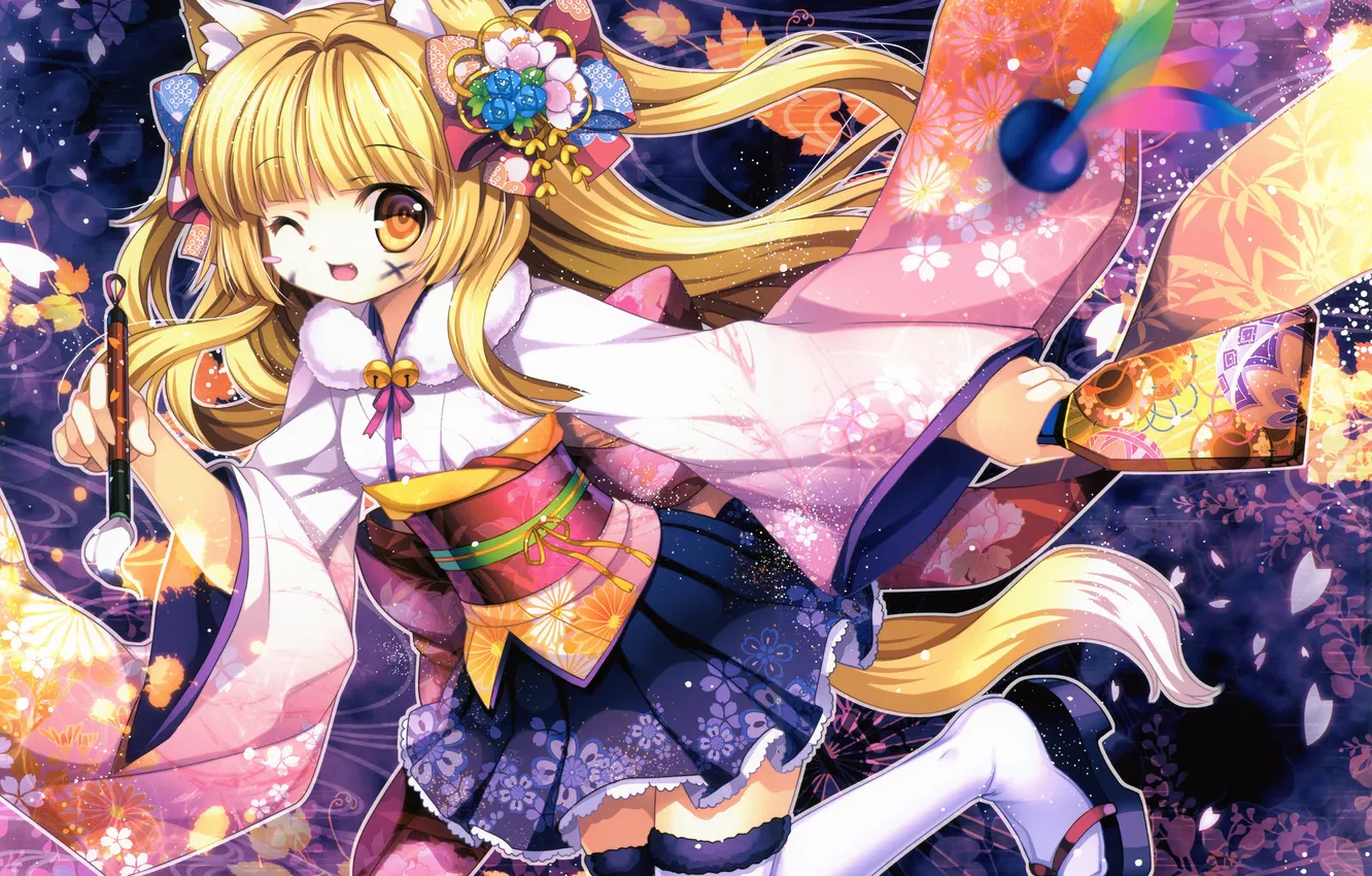 Photo wallpaper pattern, art, girl, kimono, ears, brush, capura.l