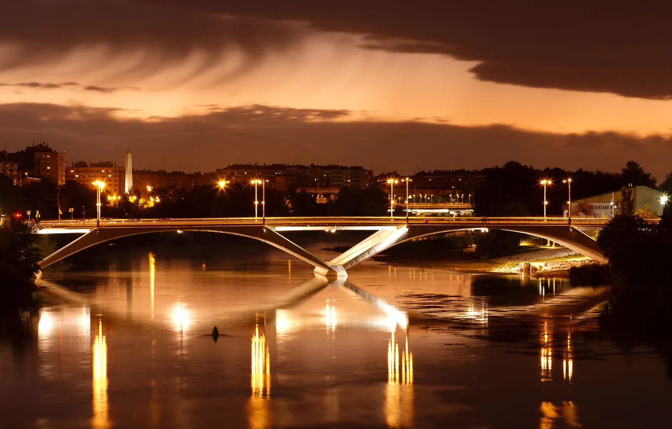 Photo wallpaper bridge, the city, lights, river, the evening
