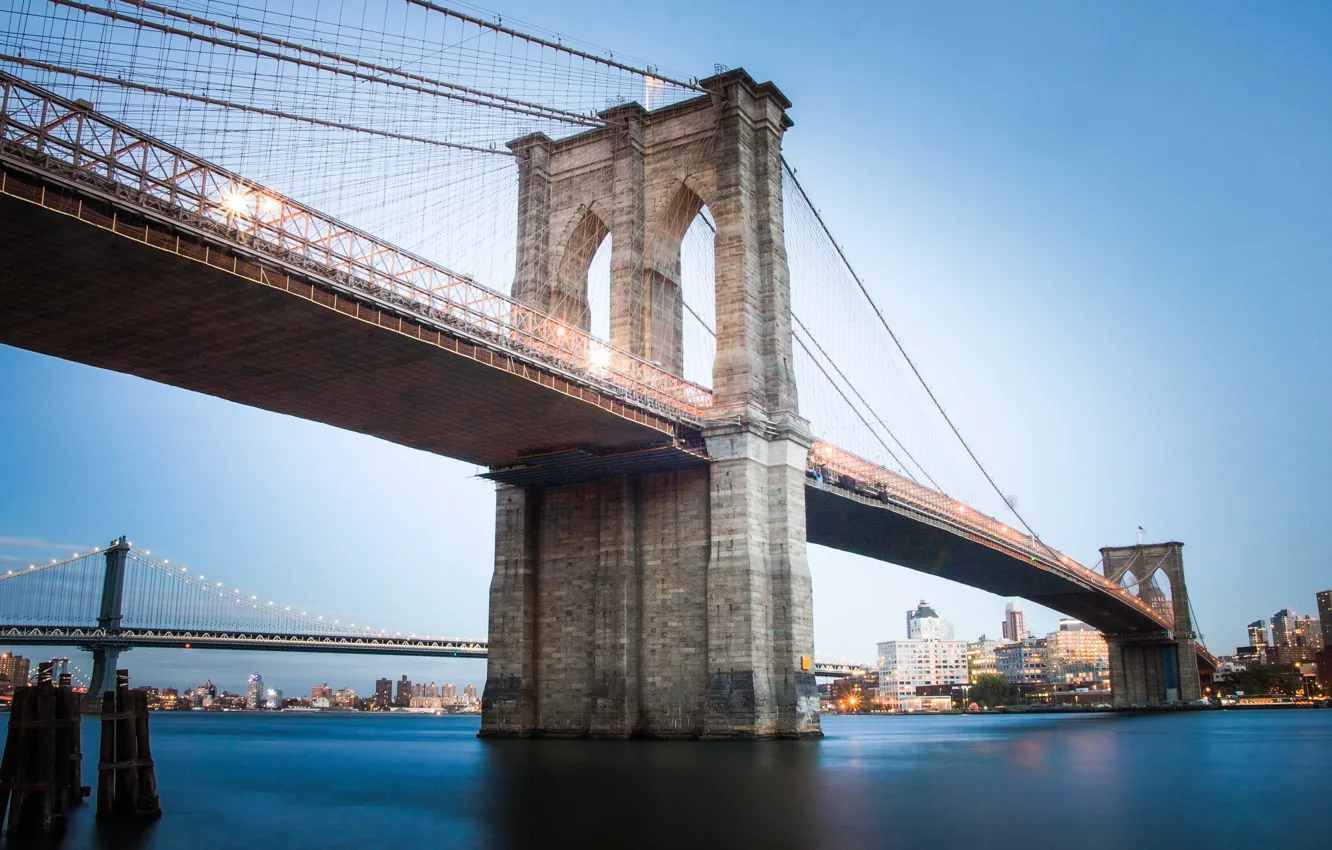 Photo wallpaper Brooklyn Bridge, bridge, Brooklyn bridge, Brooklyn, the city, lights, water, Brooklyn