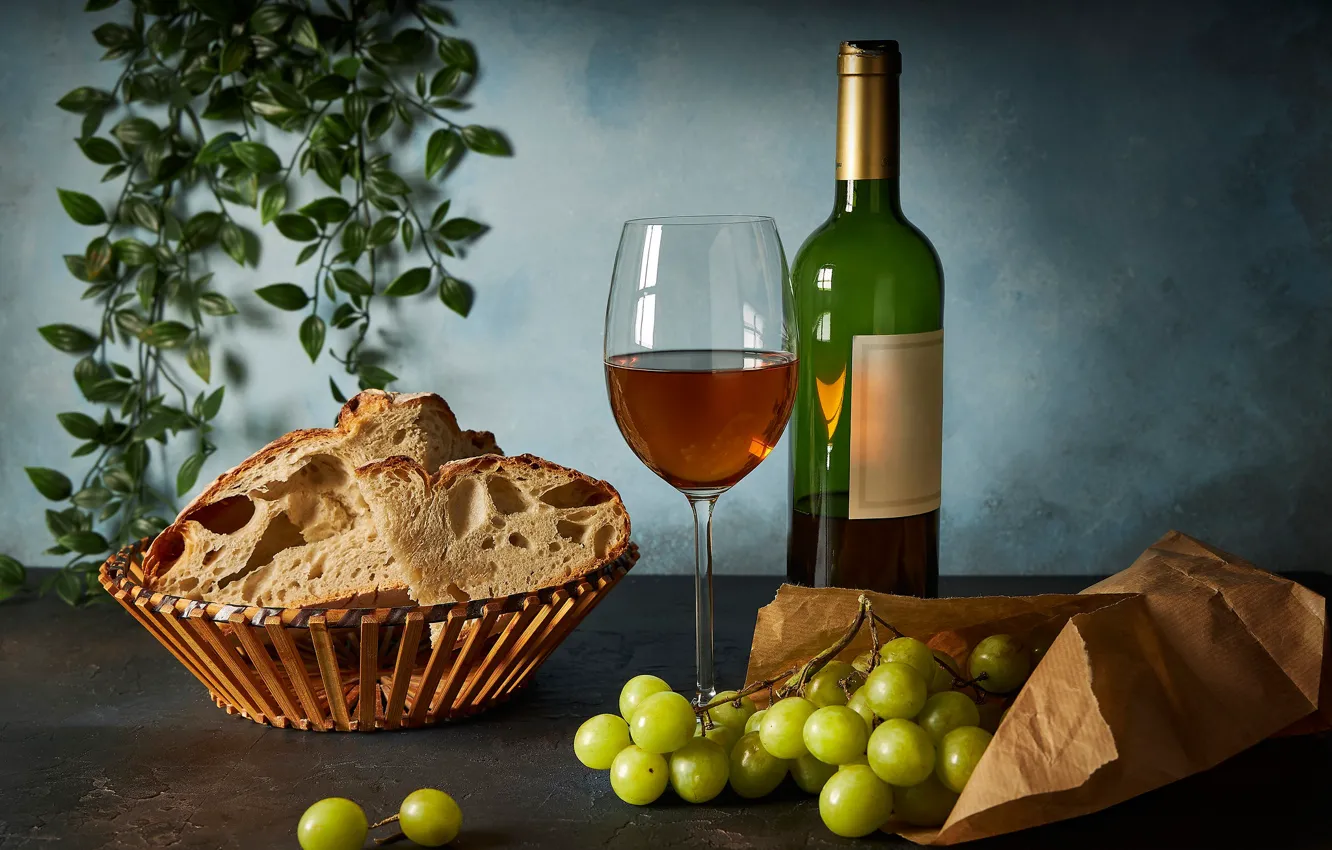 Photo wallpaper wine, glass, bottle, bread, grapes