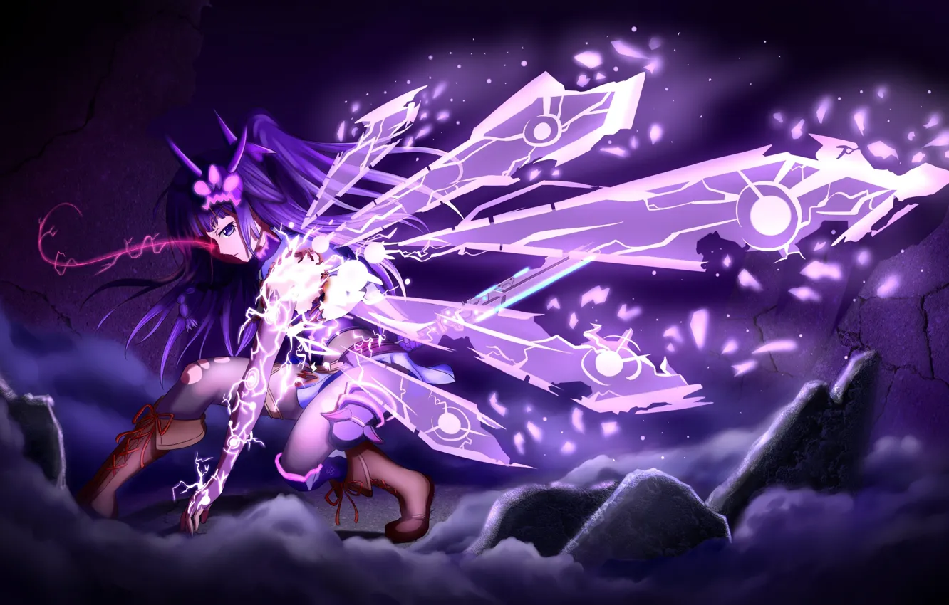 Photo wallpaper clouds, magic, zipper, magic, lightning, clouds, anime art, Honkai Impact