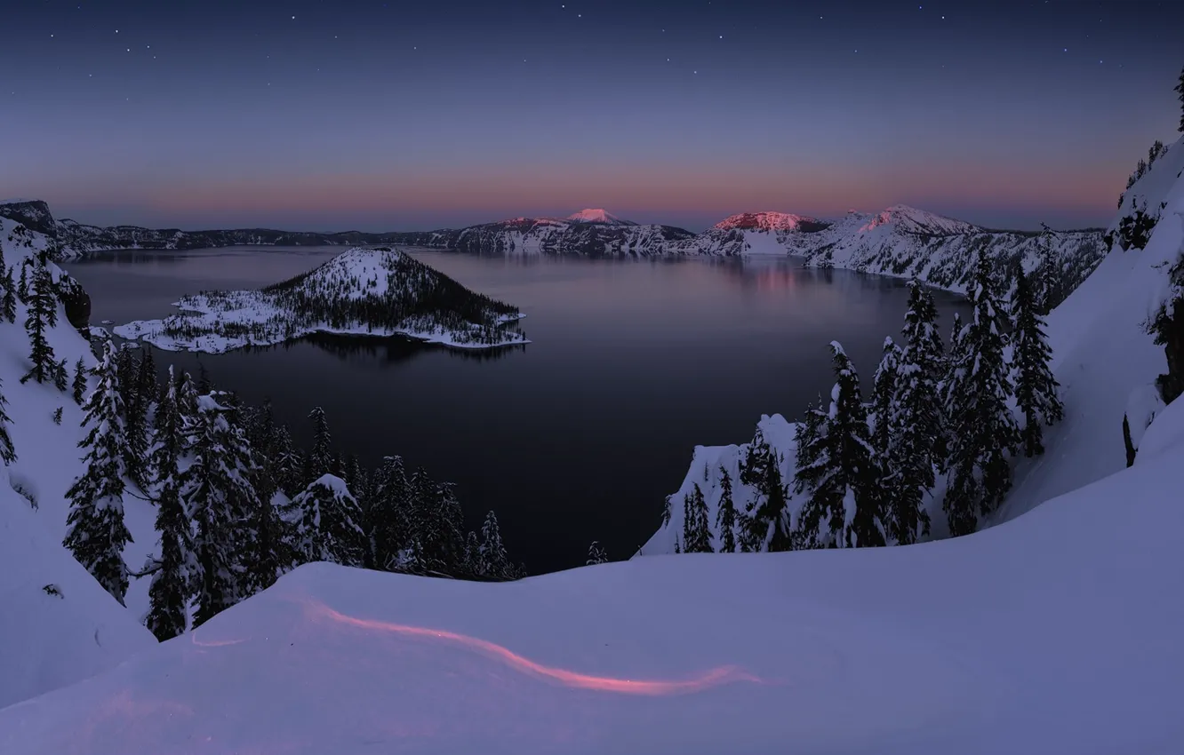 Photo wallpaper winter, snow, sunset, lake, island, Oregon, Oregon, Crater Lake