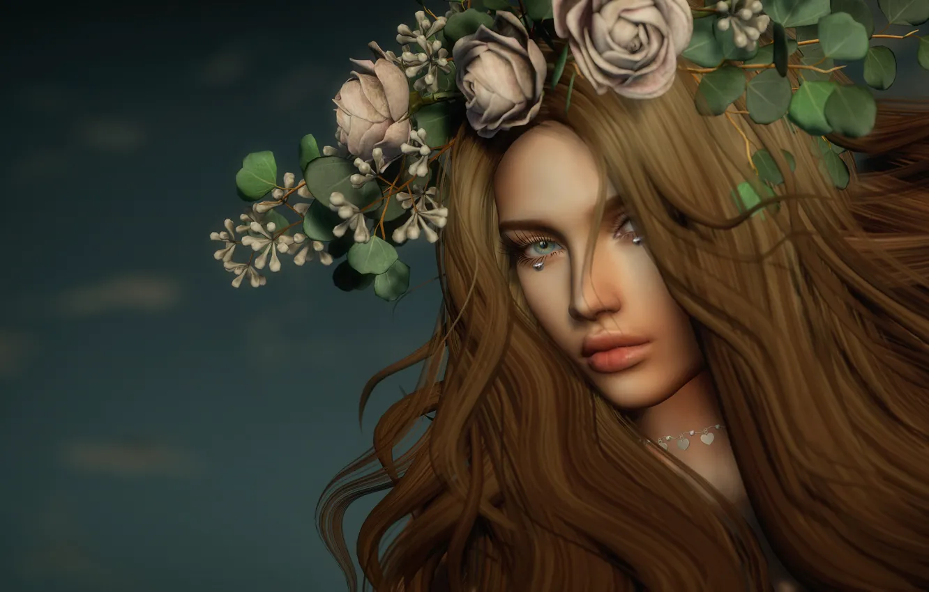 Photo wallpaper girl, flowers, face, rendering
