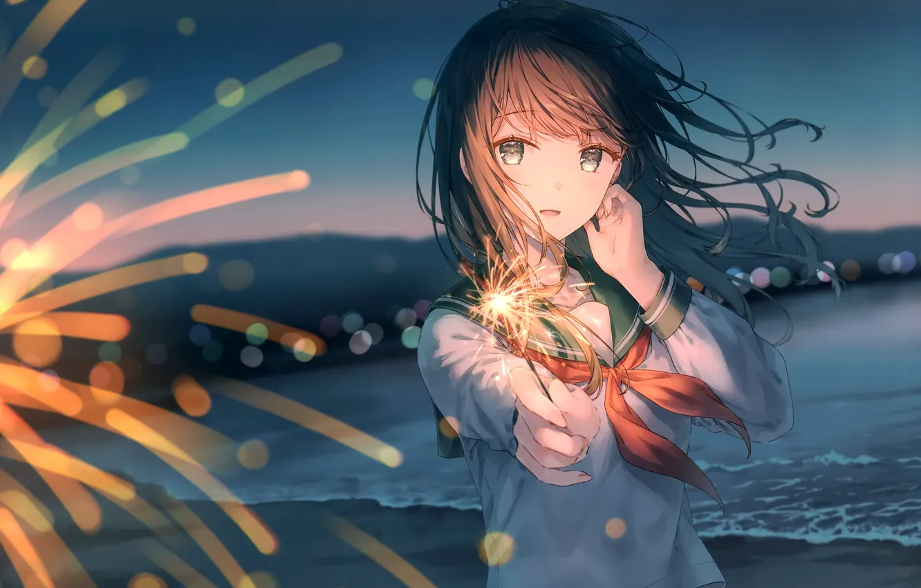 Photo wallpaper sea, the sky, girl, in the evening, Sparkler