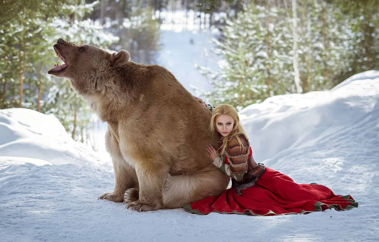 Photo wallpaper winter, frost, forest, girl, light, snow, nature, ate