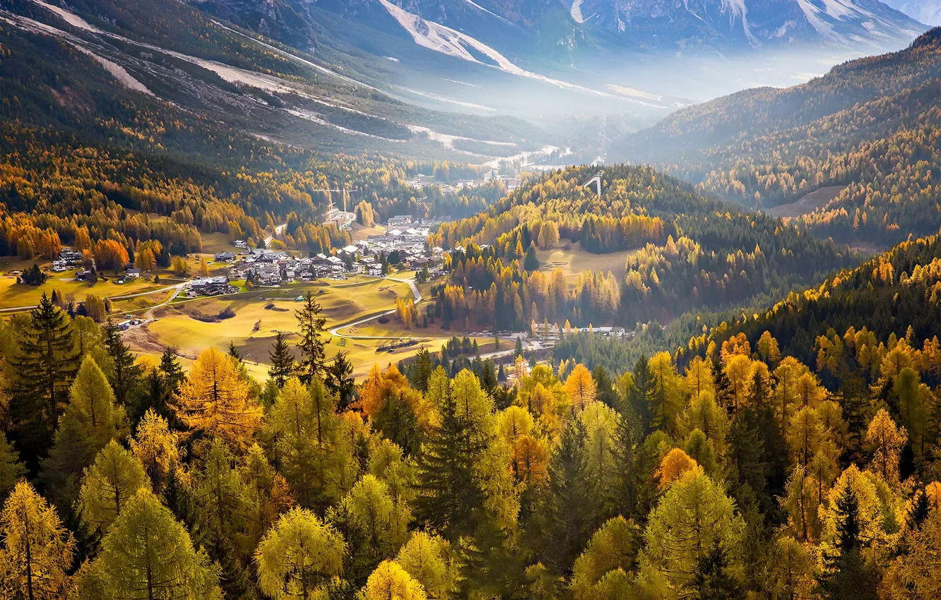 Photo wallpaper autumn, valley, Italy, The Dolomites