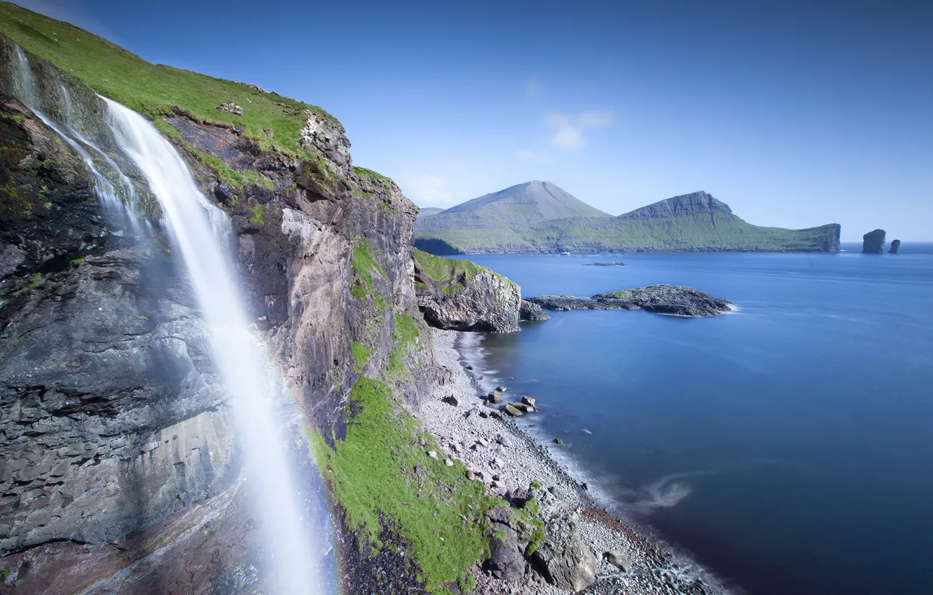 Photo wallpaper grass, beach, sky, sea, landscape, coast, nature, mountains