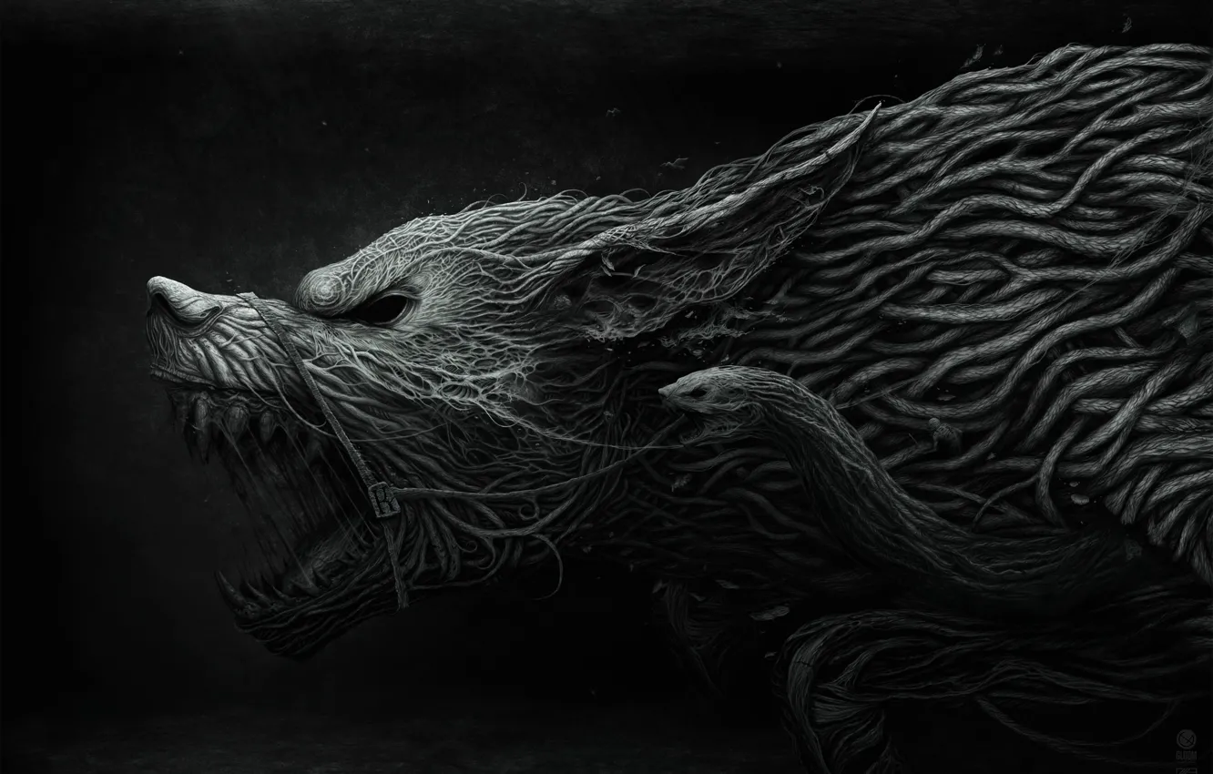 Photo wallpaper wolf, grin, weave, Fenrir