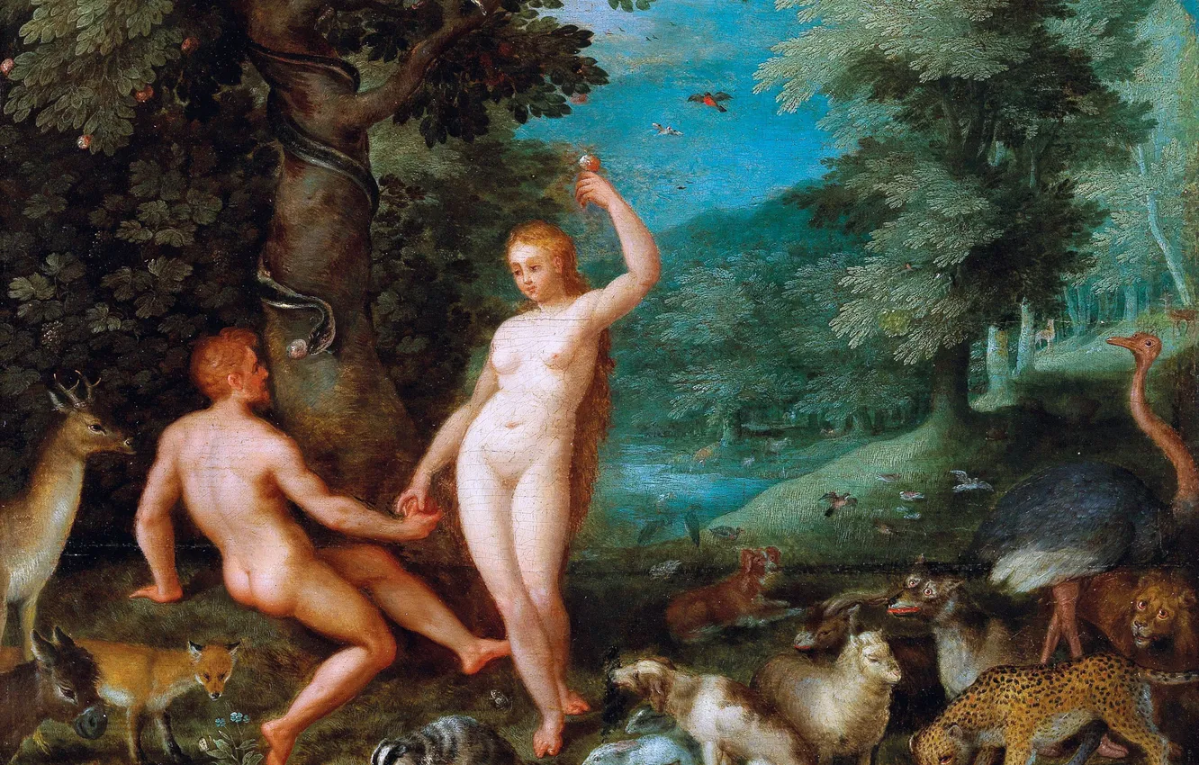 Photo wallpaper Trees, Picture, Animals, Eva, Adam, Jan Brueghel The Elder, Dutch artist, The Garden of Eden