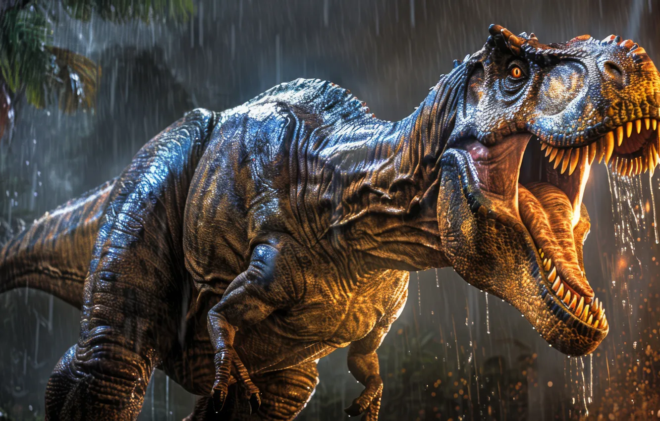 Photo wallpaper face, rain, animal, dinosaur, predator, mouth, grin, Tyrannosaurus