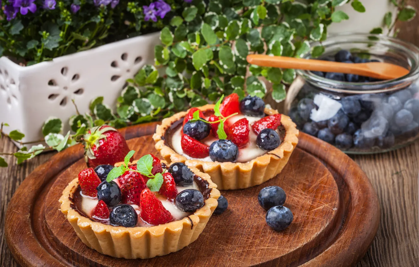 Photo wallpaper berries, blueberries, strawberry, basket, dessert, sweet, sweet, cream