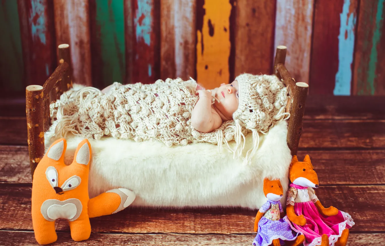 Photo wallpaper toy, baby, Fox, cot, baby
