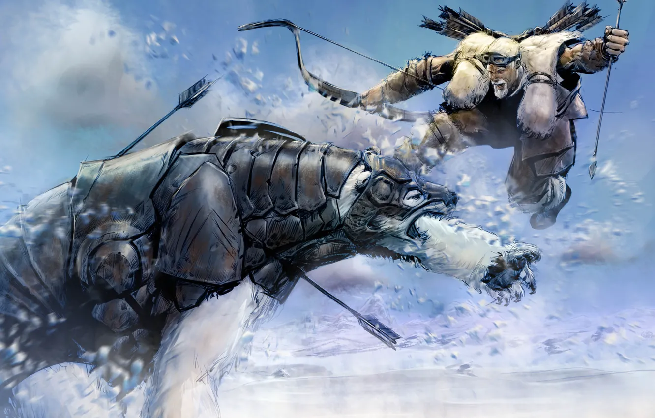 Photo wallpaper winter, jump, people, armor, bear, bow, skin, blow