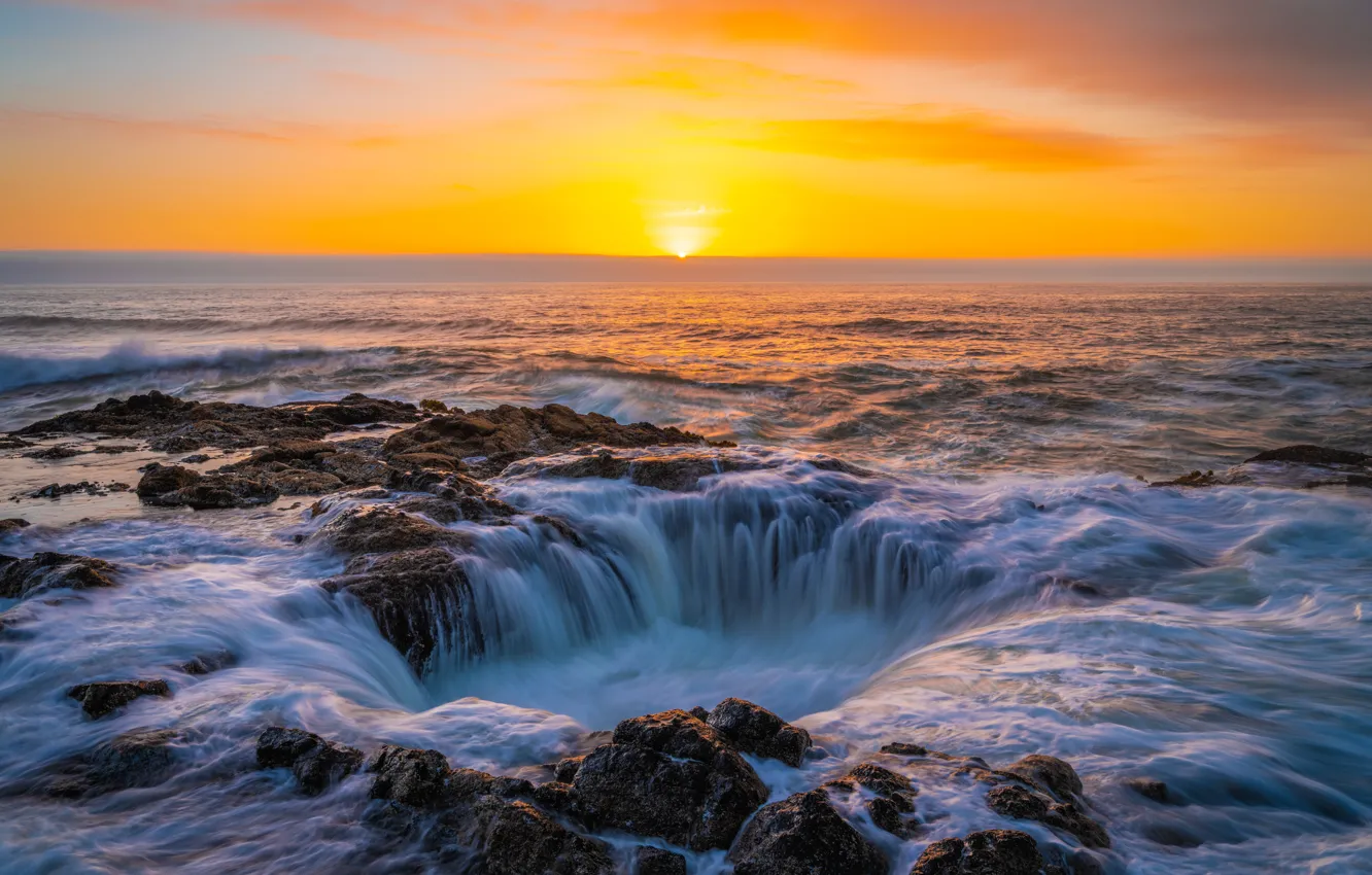 Photo wallpaper sea, wave, sunset, stream, funnel