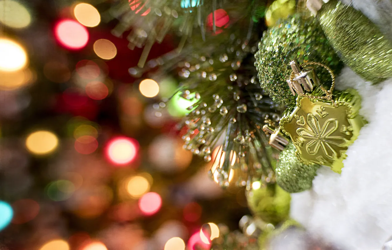 Photo wallpaper new year, Christmas balls, spruce branch, blur bokeh