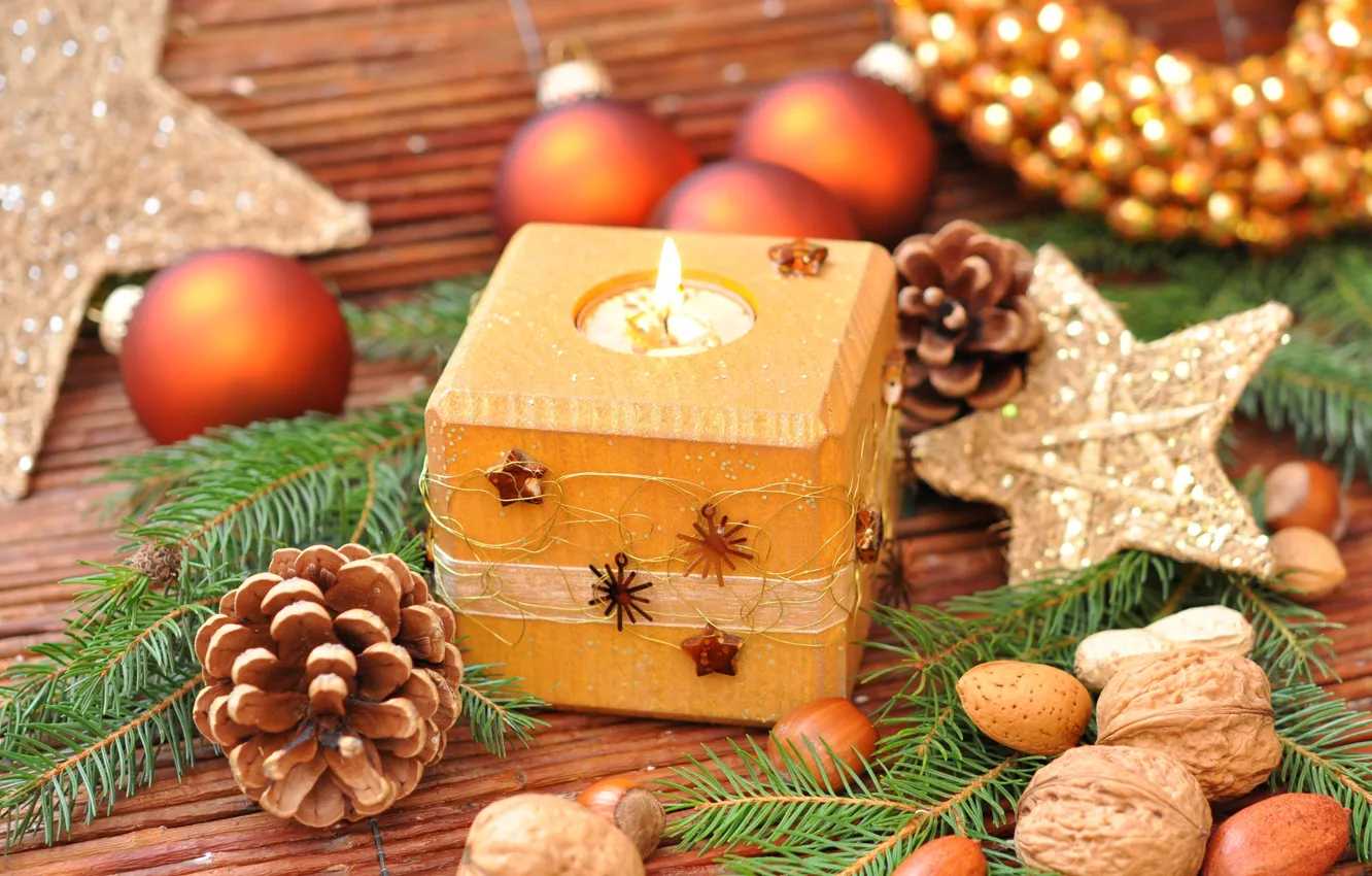Photo wallpaper branches, holiday, toys, new year, candle, spruce, the scenery, nuts