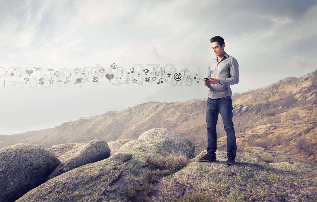 Photo wallpaper mountains, creative, figures, symbol, phone, guy