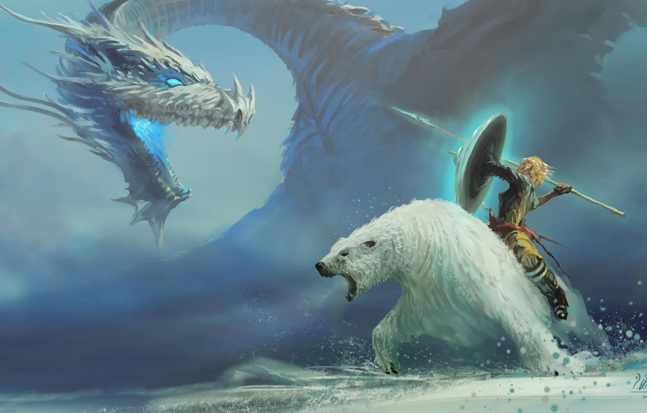 Photo wallpaper fantasy, winter, snow, dragon, battle, artist, weapons, digital art