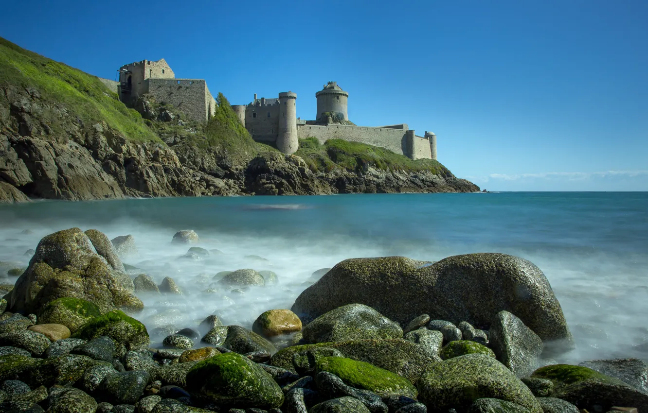 Photo wallpaper sea, landscape, nature, Strait, stones, castle, rocks, France