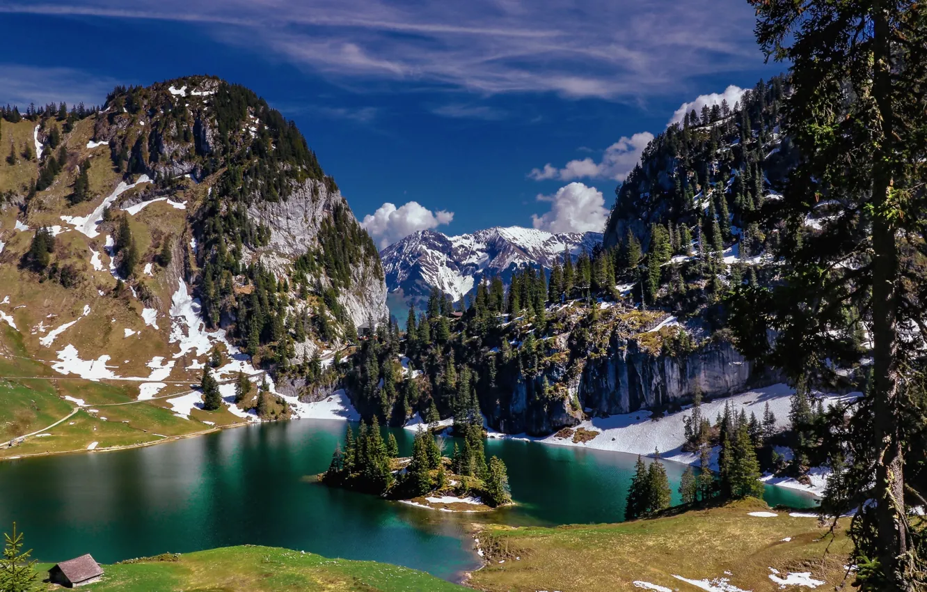 Photo wallpaper mountains, lake, Alps, Hinterstockensee, Switzerland