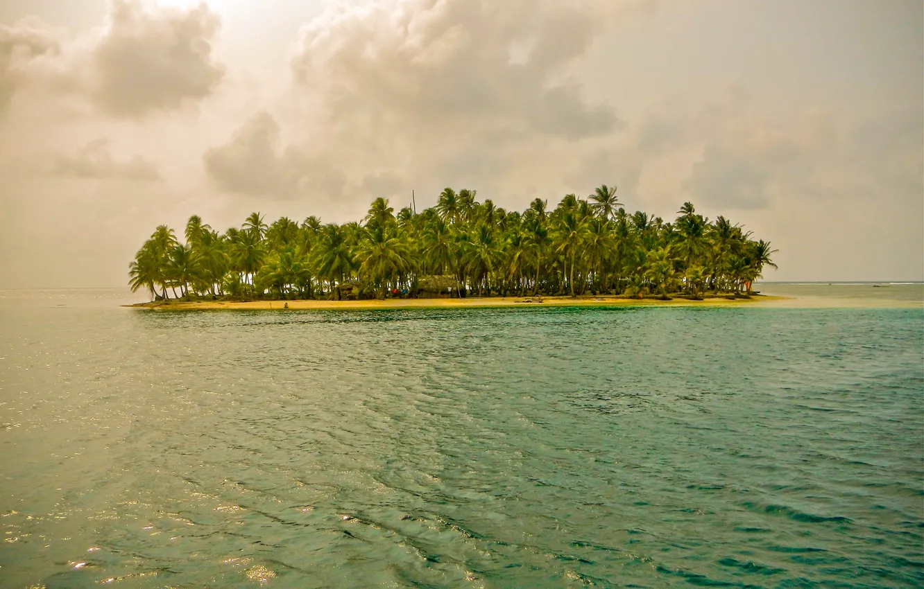 Photo wallpaper landscape, clouds, tropics, palm trees, overcast, island, house