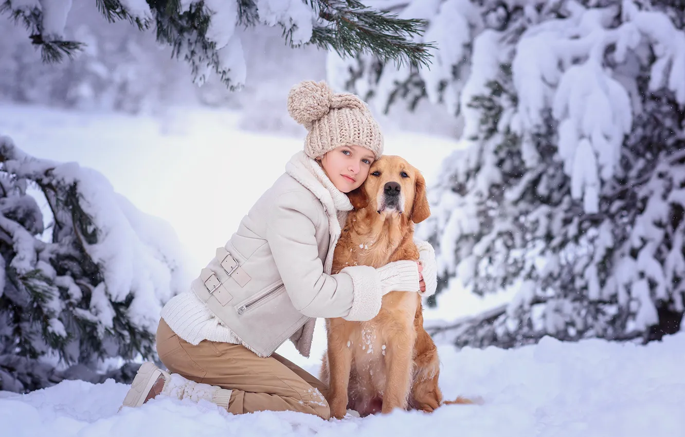 Photo wallpaper winter, snow, trees, nature, dog, ate, girl, friends