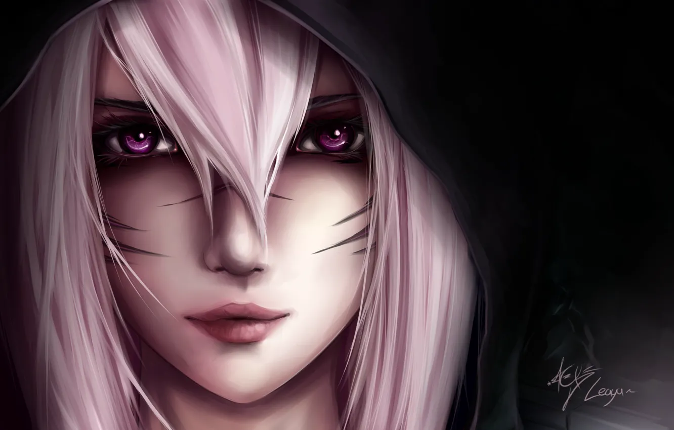 Photo wallpaper look, girl, hood, black background, art, Zack Argunov, Leaya