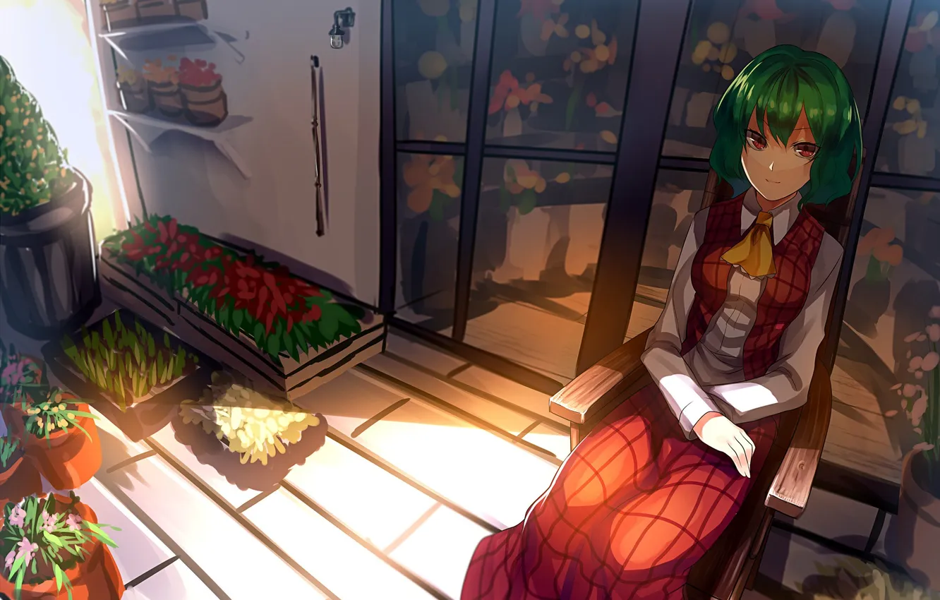 Photo wallpaper look, girl, light, flowers, smile, shadow, dress, chair