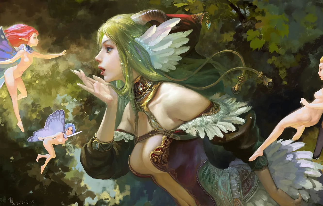 Photo wallpaper forest, girl, elf, feathers, horns, green hair, art, Xiaji