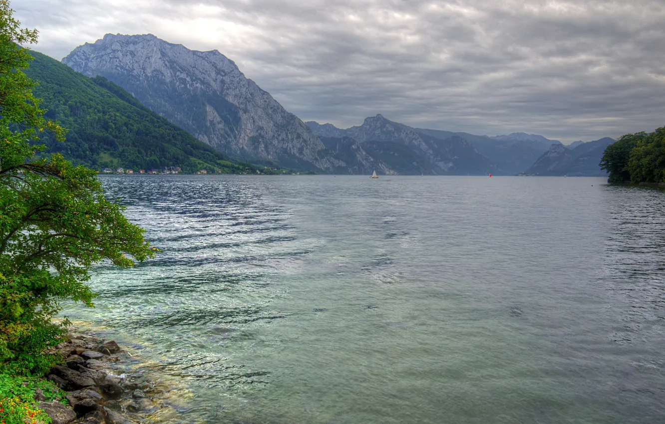 Photo wallpaper mountains, clouds, lake, Austria, Gmunden, Traunsee
