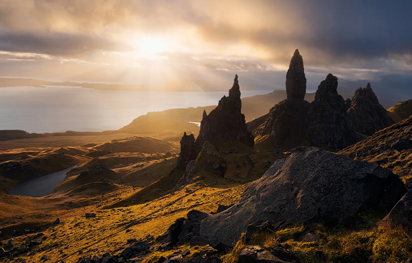 Photo wallpaper the sky, grass, the sun, mountains, height, peak