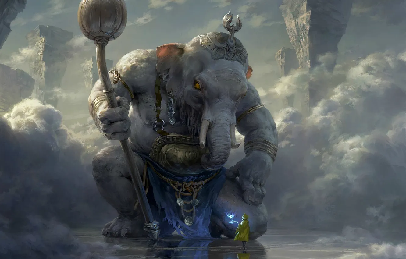 Photo wallpaper clouds, rocks, people, elephant, God, art, giant, deity