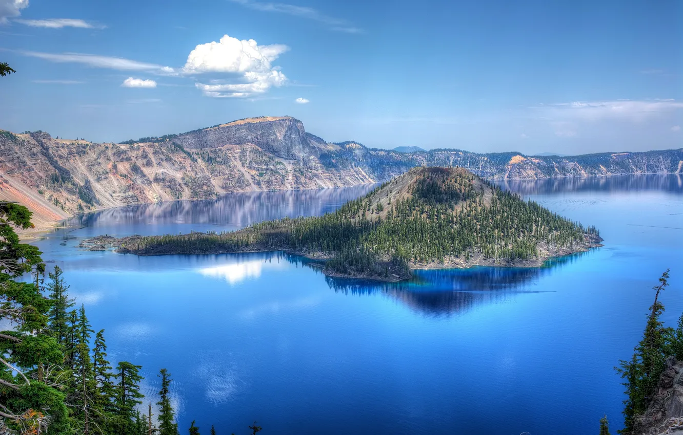 Photo wallpaper the sky, clouds, trees, lake, rocks, island, panorama, USA