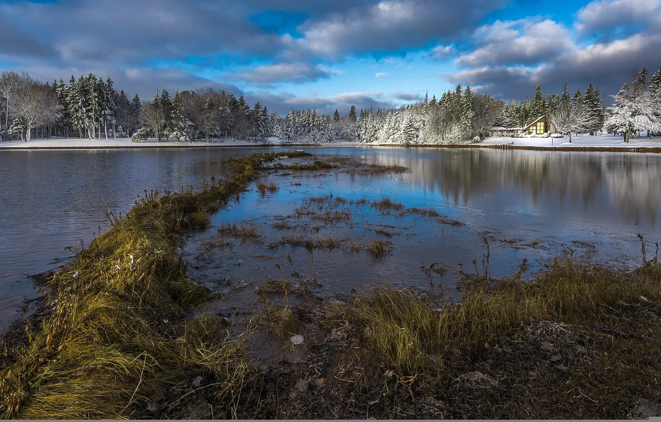 Photo wallpaper winter, snow, trees, river, river, trees, winter, winter landscape
