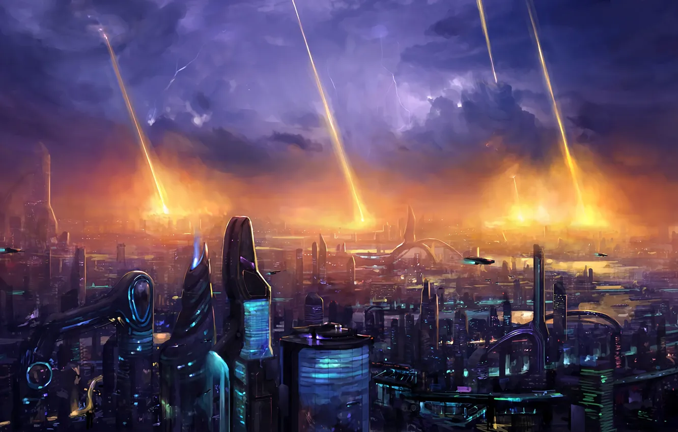 Photo wallpaper lights, fantasy, storm, Lightning, night, science fiction, clouds, sci-fi